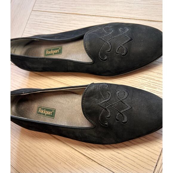 Comfort by Rockport black suede leather slip on‎ flats w/ embroidered toe. Sz 8 - Picture 2 of 7